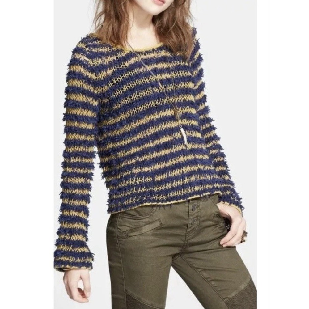 Free People Downy Blue Yellow Striped Textured Knit Sweater‎ Boho Festival S